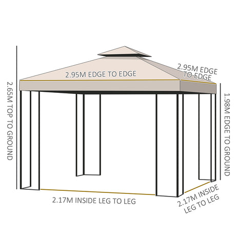 Outsunny 3 x 3 m Garden Gazebo Double Roof Marquee Patio Wedding Party Tent Canopy Shelter with Sidewalls, (Beige)