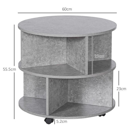 HOMCOM Round Coffee Table with Wheels, 3-Tier Rolling Side Table for Living Room with Divided Shelves, Cement Colour