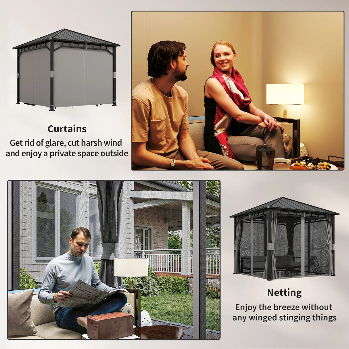 Outsunny 3 x 3(m) Hardtop Gazebo with Galvanised Steel Roof and Water Gutter, Waterproof Permanent Pavilion Garden Gazebo with Netting and Curtains for Patio, Deck