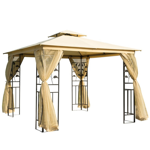 Outsunny 3(m) x 3(m) Garden Gazebo, Double Roof Outdoor Gazebo Canopy Shelter with Netting, Solid Steel Frame, for Garden, Lawn and Deck, Beige