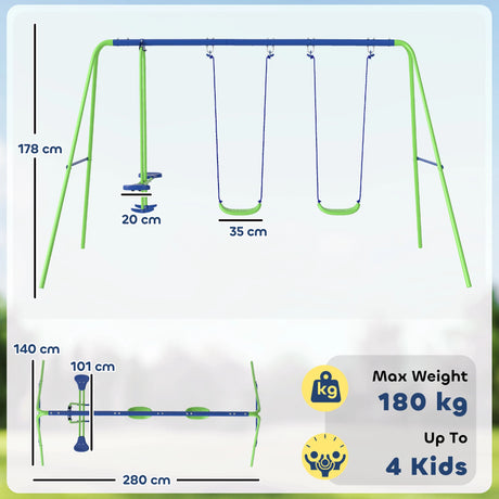 Outsunny Metal Garden Swing Set Height Adjustable Children Outdoor Backyard Play Set for Toddlers Over 3 Years Old, Green