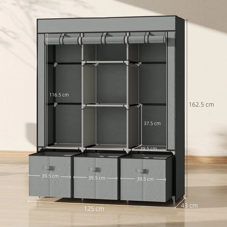 HOMCOM Fabric Wardrobe for Bedroom, Portable Wardrobe with 5 Shelves, 2 Hanging Rails and 3 Fabric Drawers, Foldable Closet, 125 x 43 x 162.5cm, Light Grey