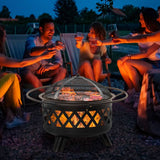 Outsunny 2-in-1 Outdoor Fire Pit with BBQ Grill, Patio Heater Log Wood Charcoal Burner, Firepit Bowl with Spark Screen Cover, Poker for Backyard Bonfire