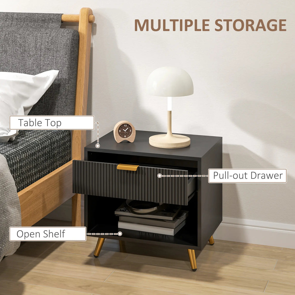 HOMCOM Elegant Bedside Table Set of 2, with Drawer and Shelf - Black/Gold Tone