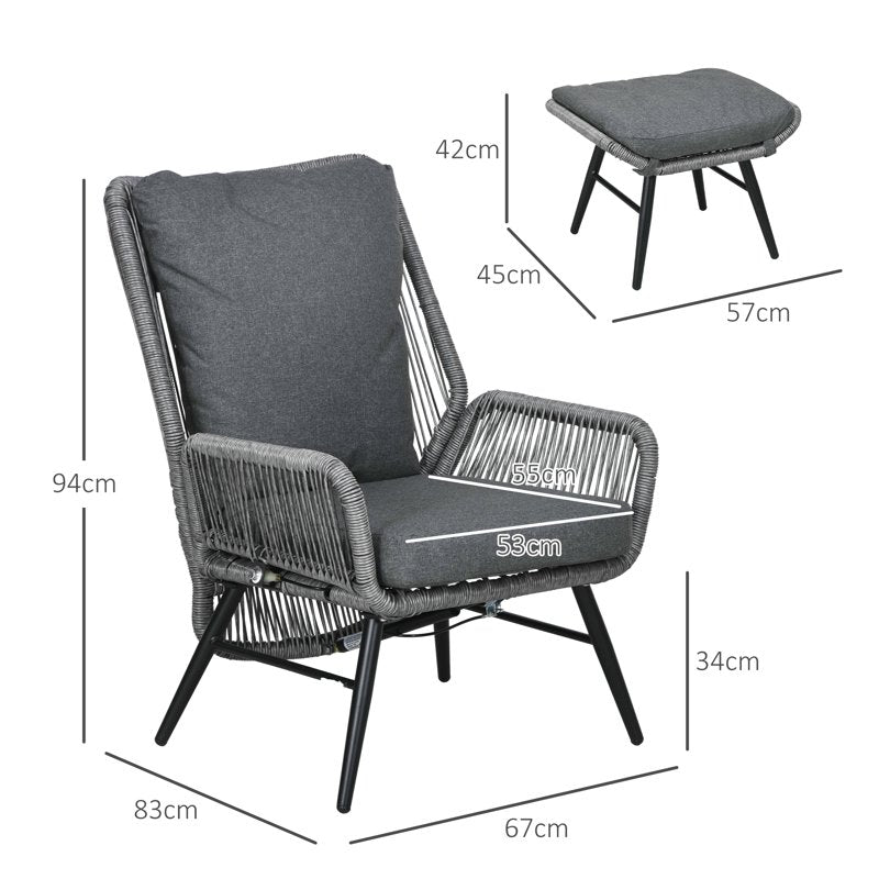 Outsunny String Rattan Armchair and Footstool Set, with Cushions - Grey