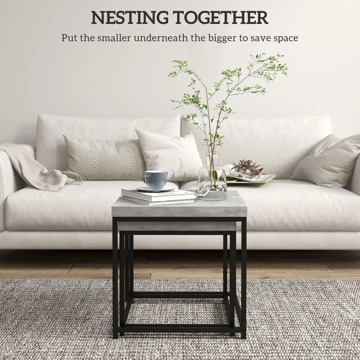 HOMCOM Coffee Table Set of 2, Nest of Tables with 3.5cm Thick Tabletop, Grey