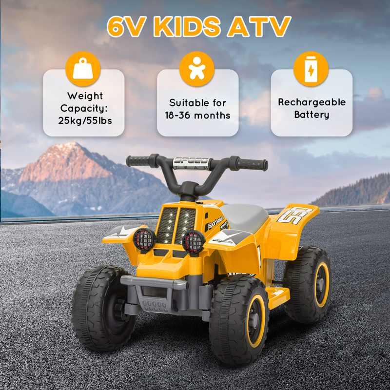 AIYAPLAY 6V Electric Quad Bike for Kids, Ride On ATV w/ Forward Backward, Headlights, for 18-36 Months, Yellow