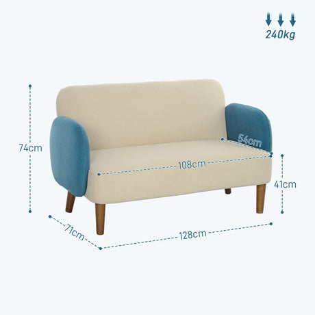 HOMCOM Two-Seater Velvet-Feel Mid Century Sofa - Cream/Blue