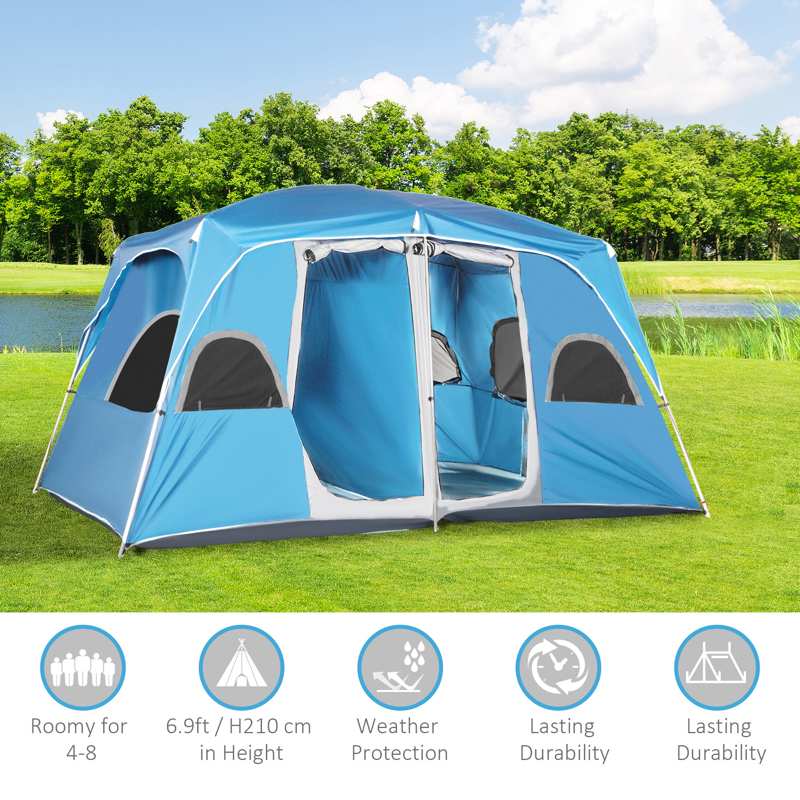 Outsunny 4-8 Person Camping Tent Family Tent with 2 Room, Mesh Windows, Easy Set Up for Backpacking, Hiking, Outdoor, Blue