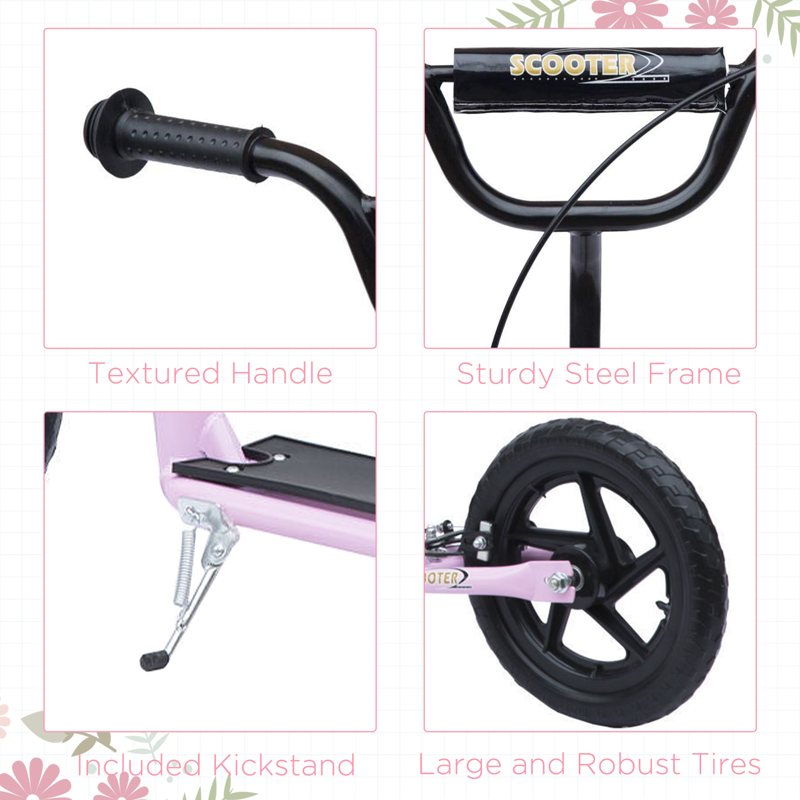 HOMCOM Kids Scooter Kick Scooter, with 12" EVA Tyres, Rear Brake, Big Wheels Scooter for 5-12 Years , Pink