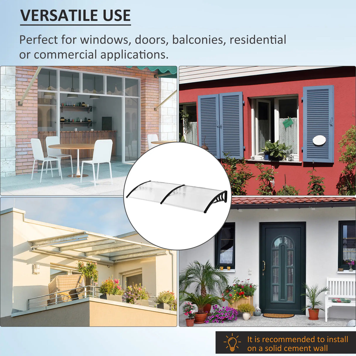 Outsunny Front Door Canopy Outdoor Awning Aluminium Rigid Plastic Polycarbonate Rain Shelter UV Water Rain Resistant 75 x 195 cm White