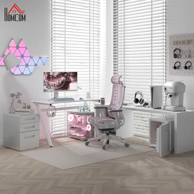 HOMCOM RGB 120 x 66cm Gaming Desk, Computer Table with Carbon Fibre Surface, Headphone Hook, Cup Holder, Controller Rack, Home Office Desk, White