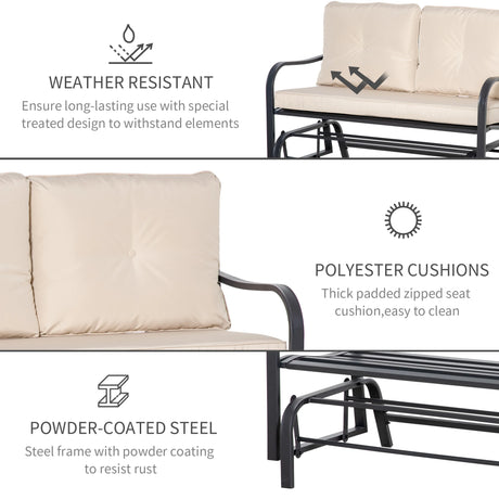 Outsunny 2-Person Outdoor Loveseat Glider Bench Rocking Chair for Patio, Garden, Yard, Porch with Armrest and Cushions, Khaki
