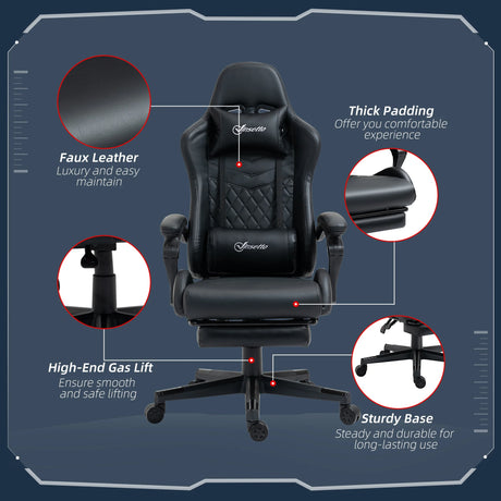 Vinsetto Computer Gaming Chair with Footrest, Video Gaming Chair for Adults with 130 Reclining Back, Desk Chair with Lumbar Support and Adjustable Height, Black