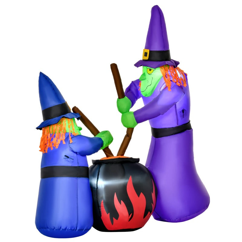 HOMCOM 1.8m Inflatable Halloween Lawn Decoration with LED Witches Around A Black Cauldron Outdoor Air Blown Holiday Décor