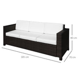Outsunny 3 Seater Rattan Sofa, All-Weather Wicker Weave Metal Frame Chair with Fire Resistant Cushion, Brown