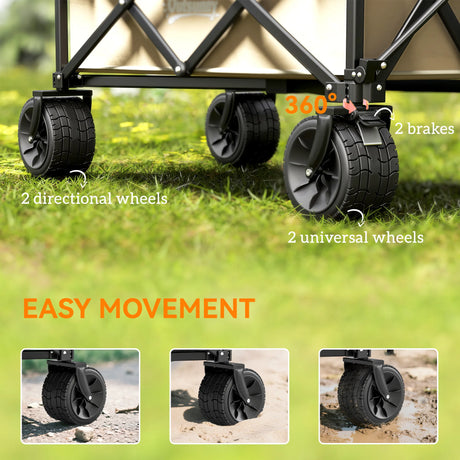 Outsunny Folding Garden Trolley, Outdoor Wagon Cart with Carry Bag, for Beach, Camping, Festival, 120KG Capacity, Khaki