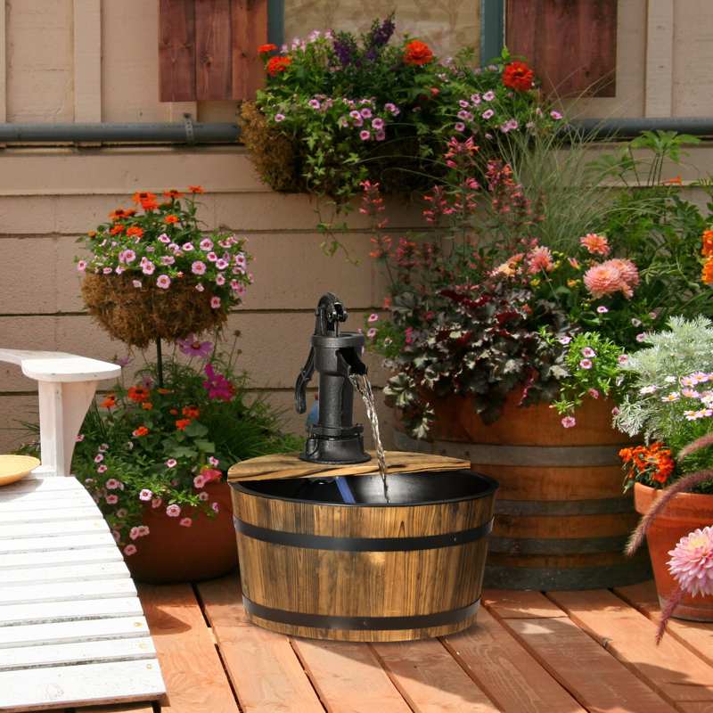 Outsunny Wooden Barrel Water Fountain Outdoor Garden Decorative Water Feature w/ Electric Pump