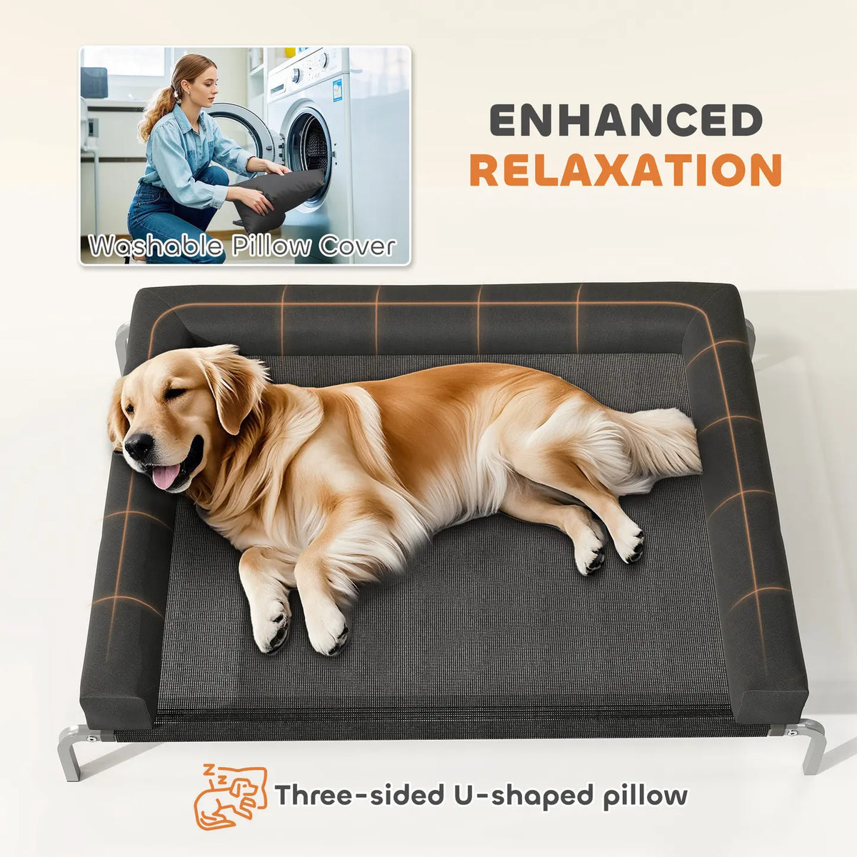 PawHut Elevated Dog Bed with Removable Bolsters, Raised Dog Bed for Large Breeds, Portable Indoor & Outdoor Pet Cots, Black
