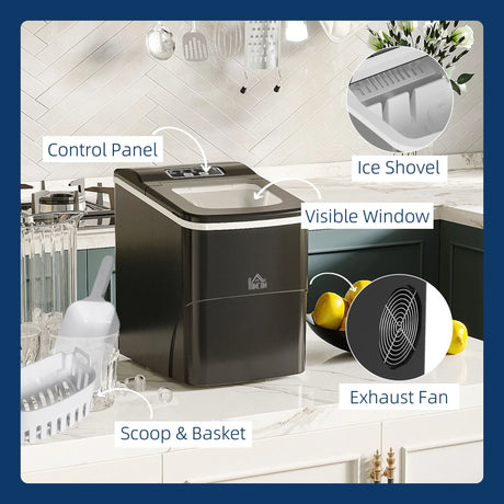 HOMCOM Countertop Ice Machine, 12Kg in 24 Hrs, 9 Cubes Ready in 8 Mins, Portable Ice Cube Maker w/ Self-Cleaning, Adjustable Ice Size, Ice Scoop, Basket for Home, Kitchen, No Plumbing Required, Black