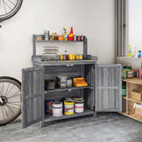 Outsunny Wooden Potting Bench Table with Aluminium Worktop, Outdoor Garden Workbench with Top Shelf and Cabinet Storage