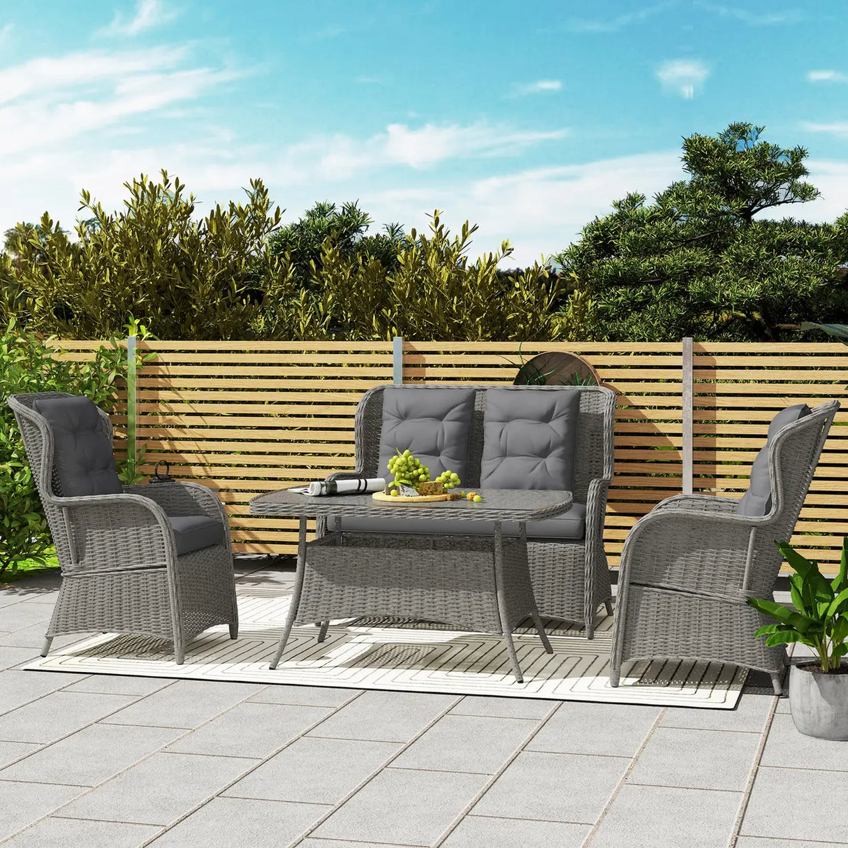 Outsunny Garden PE Rattan Dining Sofa Set, Outdoor 4 Seater Wicker Furniture, High Back Chairs with Cushions, Tempered Glass Coffee Table for Patio, Light Grey