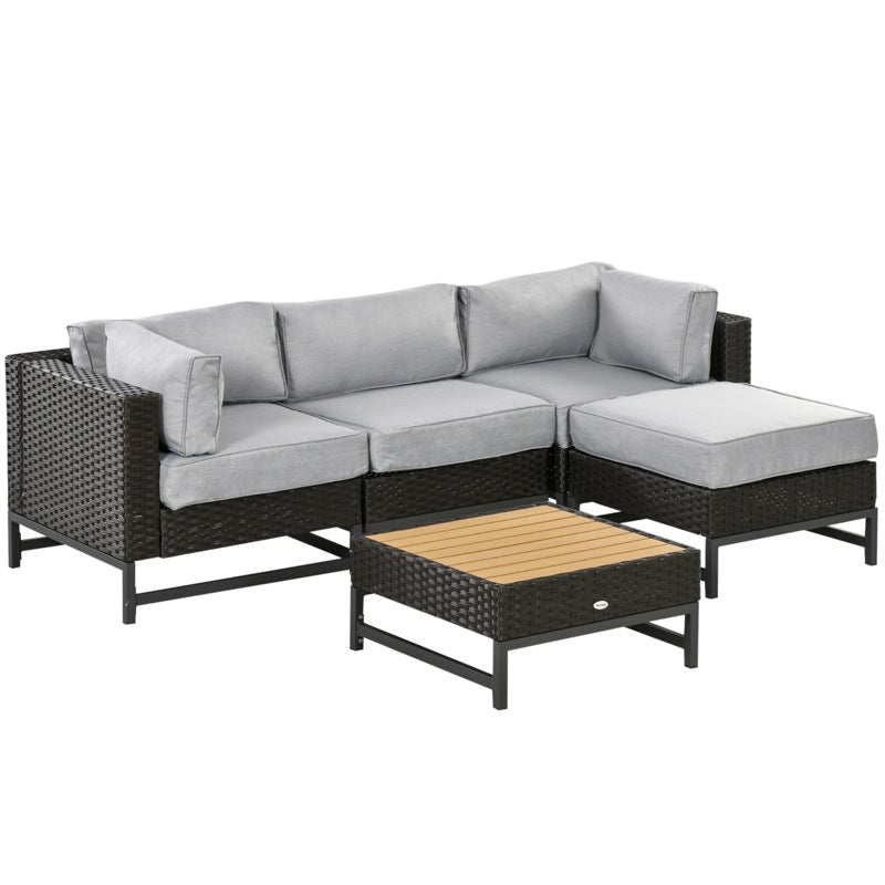 Outsunny 5 Piece Outdoor PE Rattan Corner Sofa Set with Cushions, Wicker Rattan Garden Furniture  with Wood-Effect Top Table, Brown