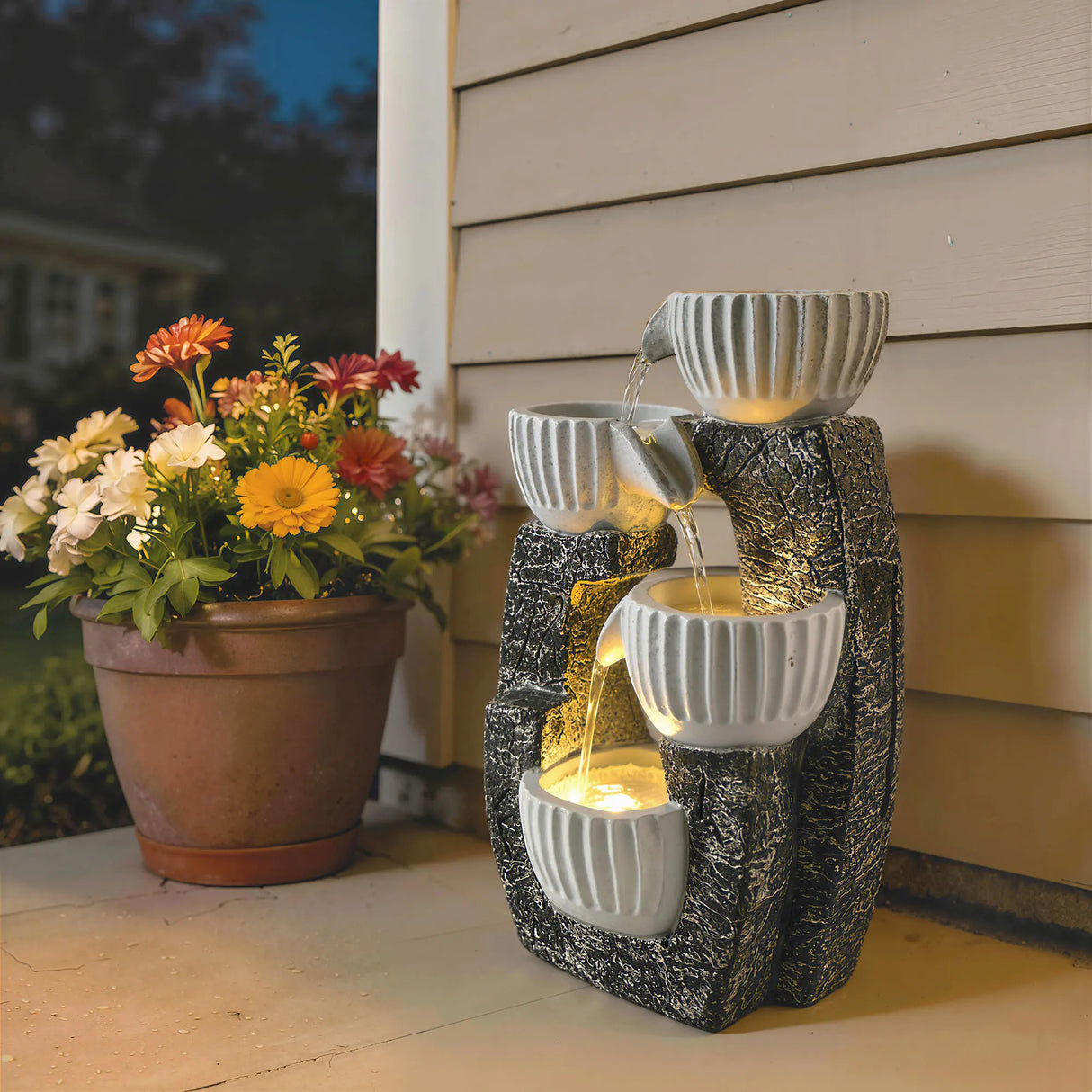 Outsunny 4-Tier Bowl Water Feature, Indoor Outdoor Garden Water Fountain with Pump and LED Lights, Resin Cascading Waterfall