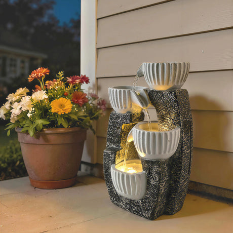 Outsunny 4-Tier Bowl Water Feature, Indoor Outdoor Garden Water Fountain with Pump and LED Lights, Resin Cascading Waterfall