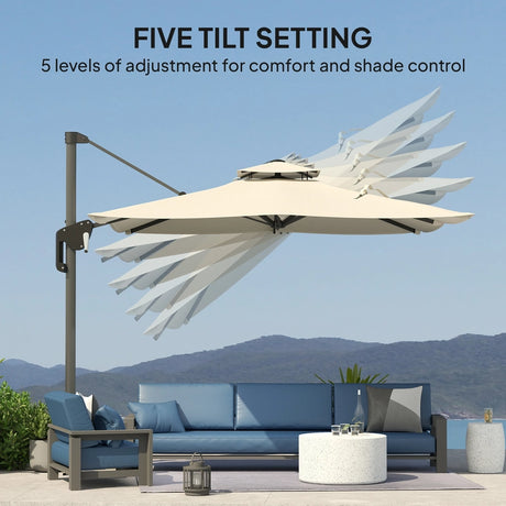 Outsunny 3.7 x 2.7 m Cantilever Parasol w/ 360 Rotation and Easy Tilt Adjustment, Aluminium Hanging Offset Outdoor Umbrella w/ Double Top and Cross Base, UPF50+ Hanging Sun Shade, Grey Wood Effect