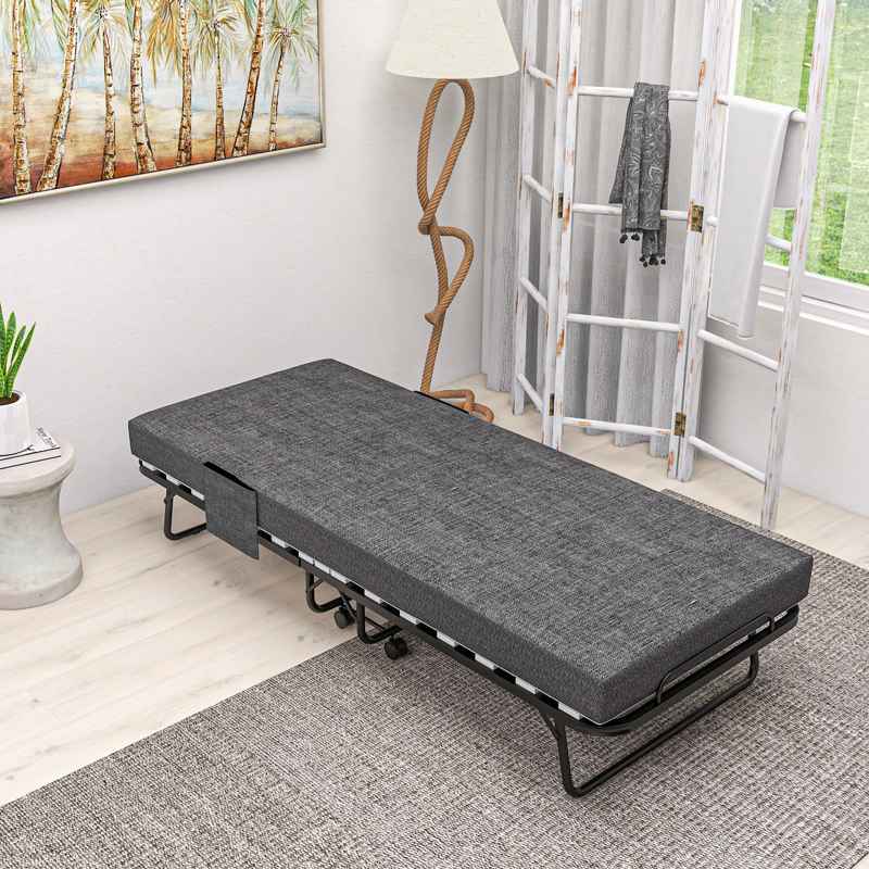 HOMCOM Single Steel Frame Folding Bed, with Wheels - Black/Grey