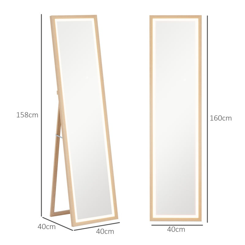 HOMCOM Full Length Mirror, with Adjustable Outer Light, Oak