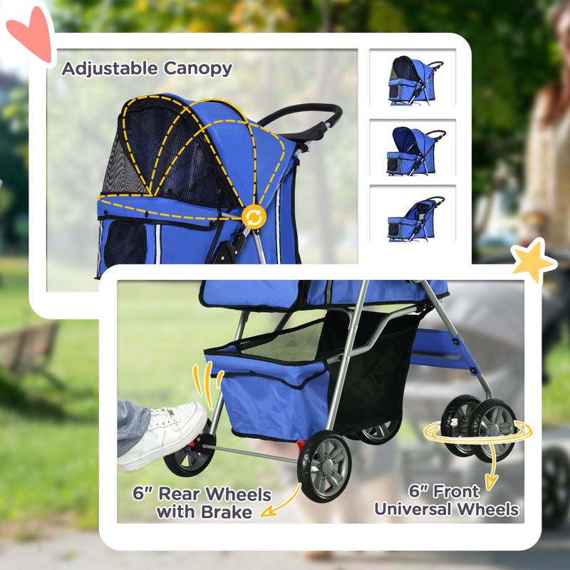 PawHut Pet Stroller for Small Miniature Dogs Cats Foldable Travel Carriage with Wheels Zipper Entry Cup Holder Storage Basket Blue