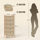 HOMCOM Chest of Drawers, 5 Fabric Drawers Narrow Dresser with Bamboo Frame, Cream White
