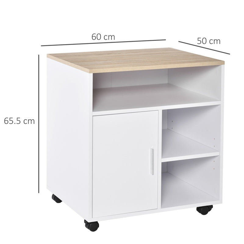 HOMCOM Multi-Storage Printer Stand Unit Office Desk Side Mobile Storage w/ Wheels Modern Style 60L x 50W x 65.5H cm - Oak