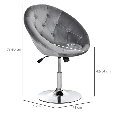 HOMCOM Swivel Dressing Stool, Velvet-feel Upholstered Vanity Chair, Adjustable Height Tub Makeup Chair with Button Tufting and Thick Padding for Bedroom, Grey
