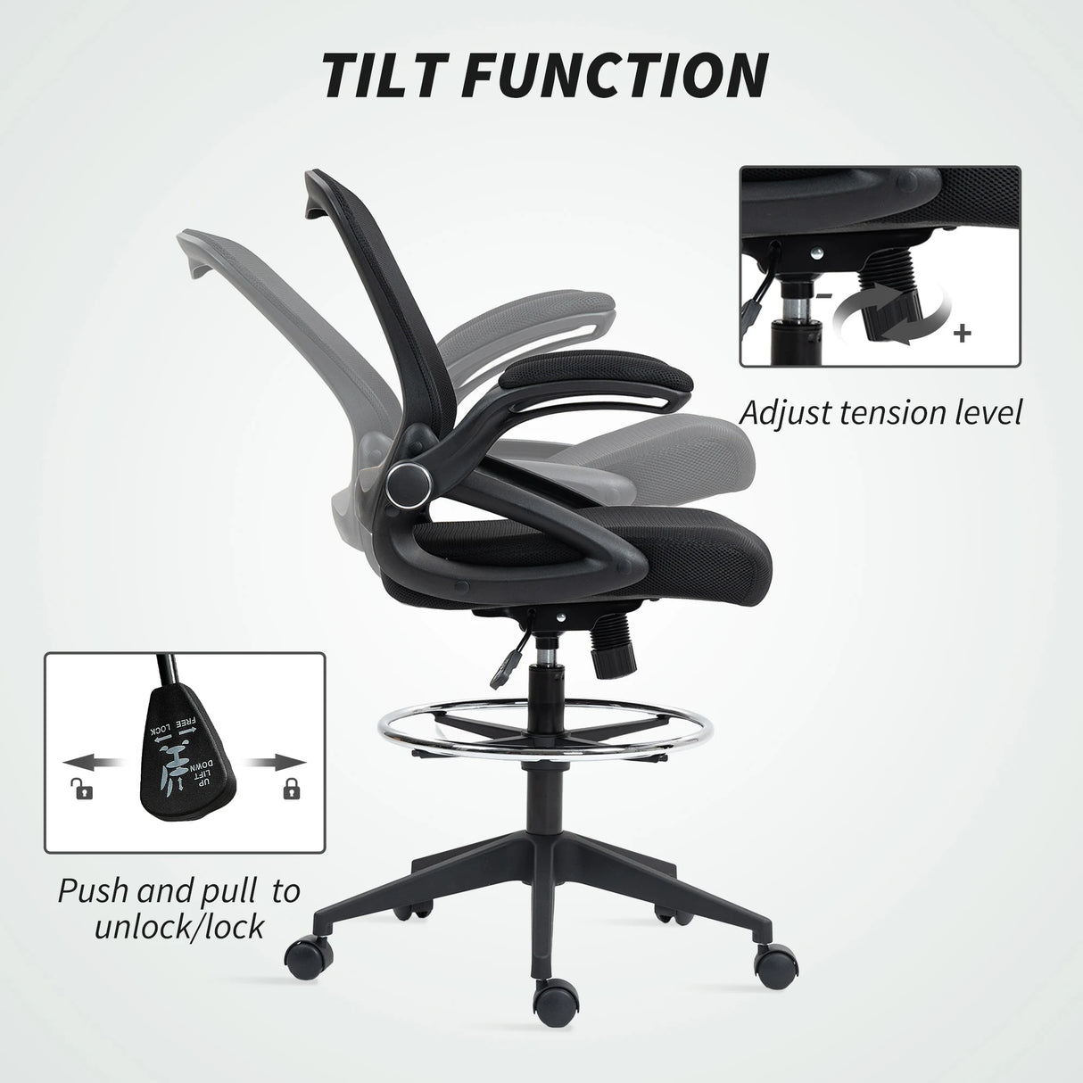 Vinsetto Drafting Chair with Flip-up Armrest, Mesh Office Stool with Foot Ring, 360 Degree Swivel Height Adjustable Chair for Standing Desk, Black