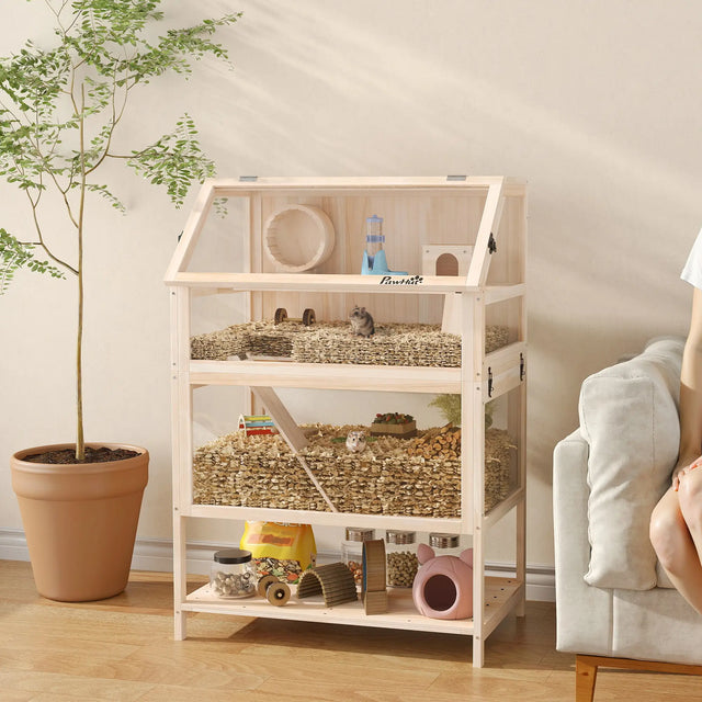 PawHut Wooden Hamster Cage with Detachable Lower Floor, Storage Shelf, Hut, Seesaw, Exercise Wheel, Ramps for Hamster