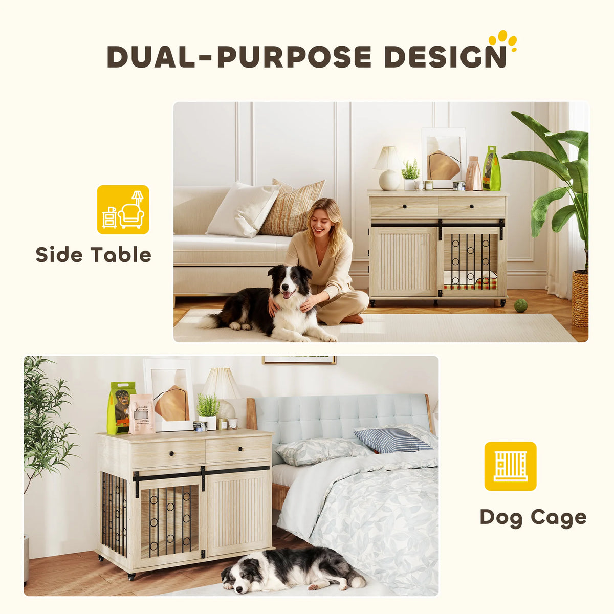 PawHut Dog Crate Furniture on Wheels, Dog Cage with 2 Drawers, Sliding Door, for Medium Large Dogs, Oak Tone