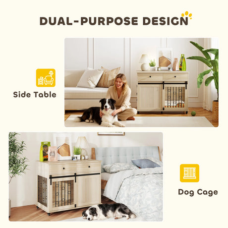 PawHut Dog Crate Furniture on Wheels, Dog Cage with 2 Drawers, Sliding Door, for Medium Large Dogs, Oak Tone