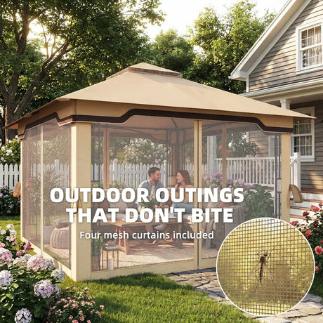 Outsunny 3.3 x 3.3 m Outdoor Garden Gazebo with Post Shelves, UPF50+ Patio Permanent Pavilion with Hook, Khaki