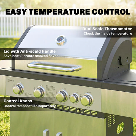 Outsunny 4+1 Burner Gas BBQ Grill, Portable Gas Barbecue Grill with Side Burner, Warming Rack, Side Shelf, Storage Cabinet