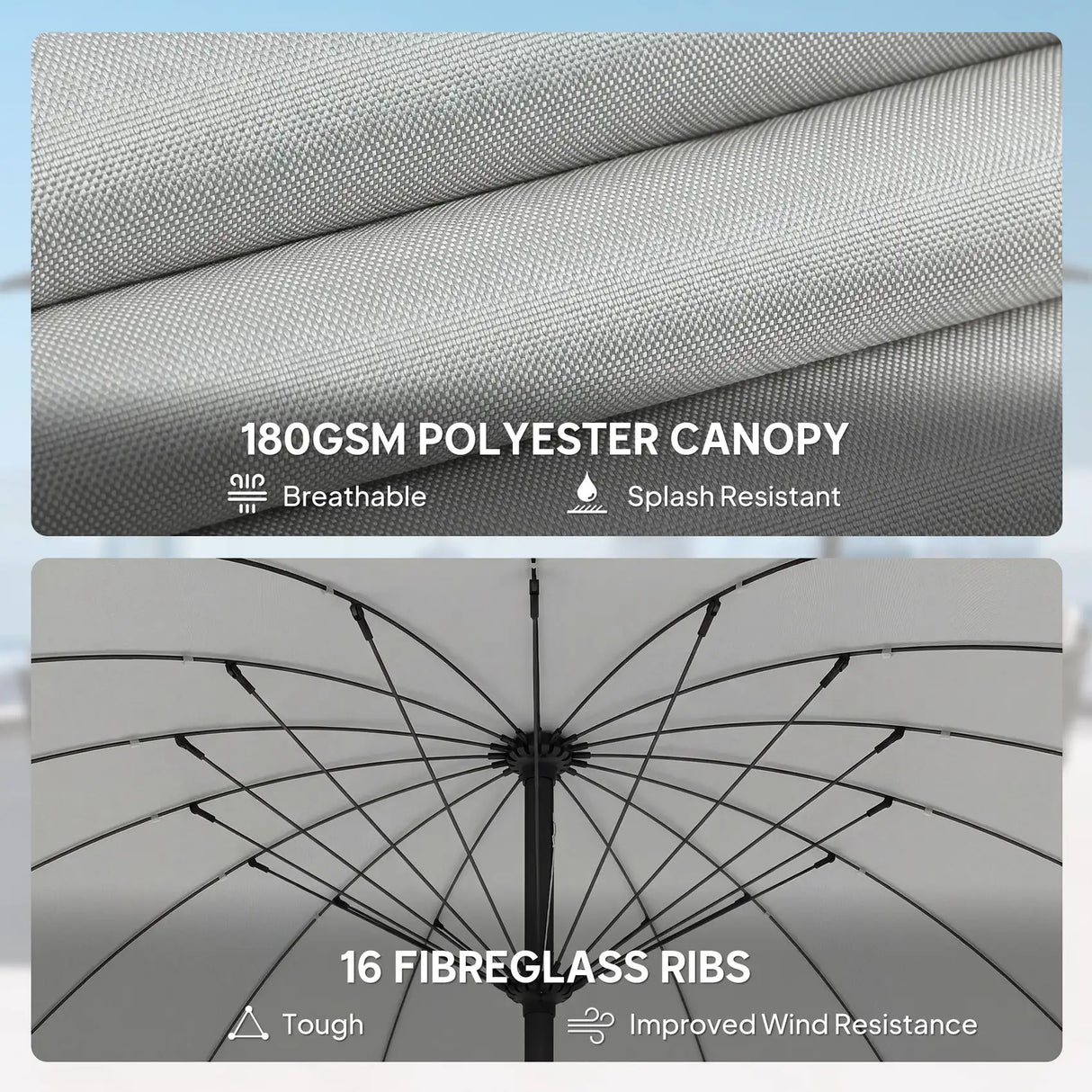 Outsunny 2 m Shanghai Garden Parasol Umbrella with 16 Fibreglass Ribs, Outdoor Parasol Sun Shade with Crank & Tilt, Light Grey