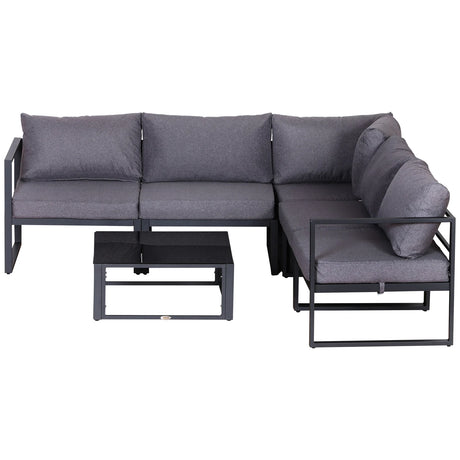Outsunny 6 PCs Outdoor Indoor Sectional Corner Sofa Set Thick Padded Cushions Aluminium Frame 5 Seaters 1 Coffee Table Grey