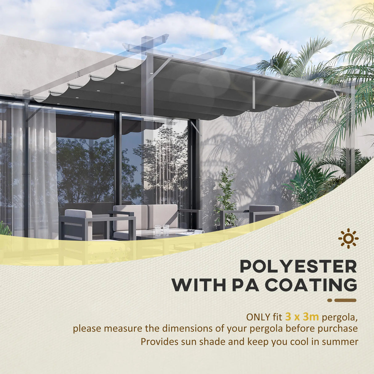 Outsunny Retractable Pergola Cover, 2.55 x 2.5 m Replacement Canopy Fabric for 3 x 3 m Frame, Roof Top Only, Dark Grey