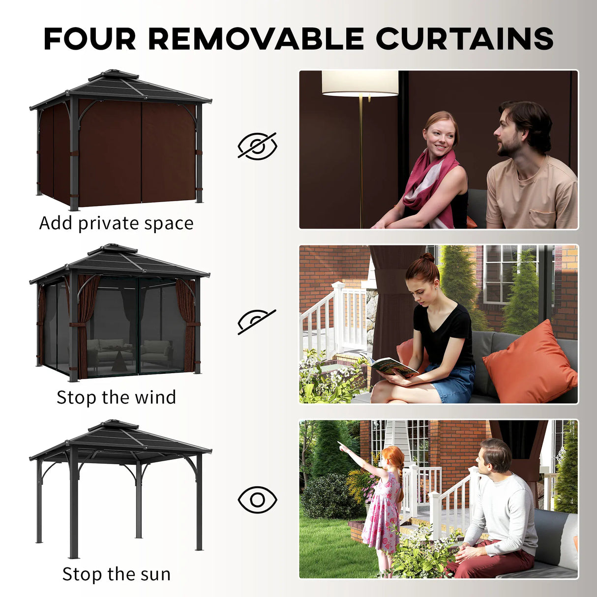Outsunny 3 x 3(m) Hardtop Gazebo Canopy with 7mm Double Polycarbonate Roof, Garden Gazebo Permanent Pavilion with Mosquito Netting and Curtains for Patio, Deck, Brown