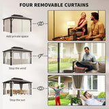 Outsunny 3 x 4m Hardtop Gazebo Canopy with UPF30+ Double Polycarbonate Roof, Aluminium Frame Garden Gazebo Permanent Pavilion with Mosquito Netting and Curtains for Patio, Deck, Beige