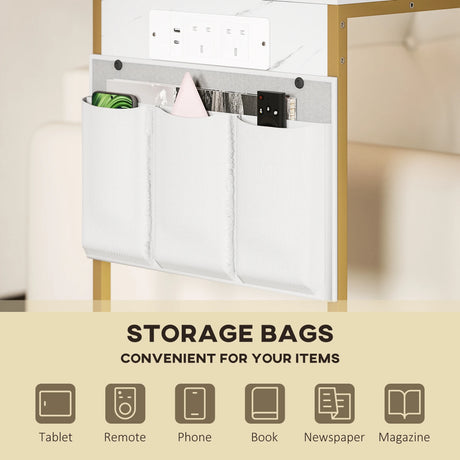 HOMCOM C-Shaped Bedside Table with Charging Station, Marble Grain Side Table with Power Outlets & USB Ports, Storage Bags, for Bedroom, Living Room, White