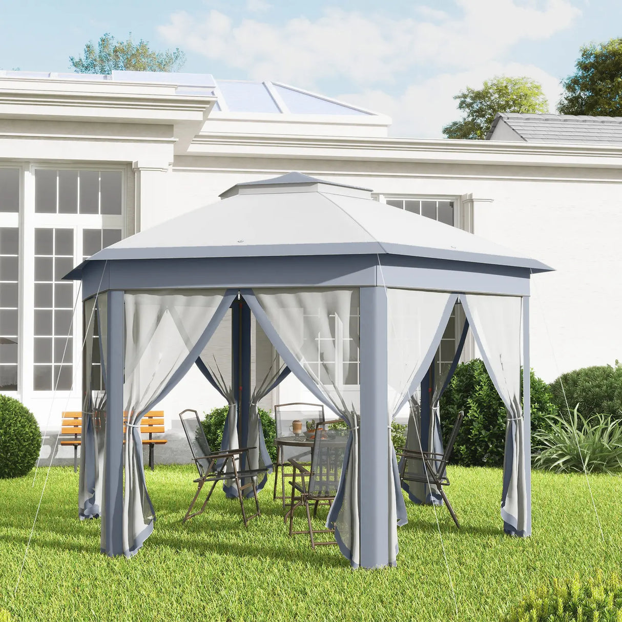 Outsunny 3 x 4m Metal Frame Hexagon Gazebo, with Curtains - Grey