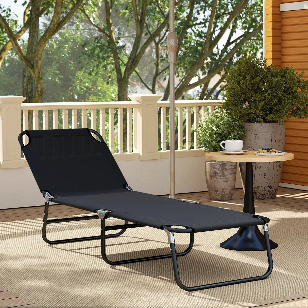 Outsunny Foldable Sun Lounger with 5-Position Adjustable Backrest, Outdoor Portable Recliner Chaise Lounge Chair with Breathable Mesh Fabric, Black